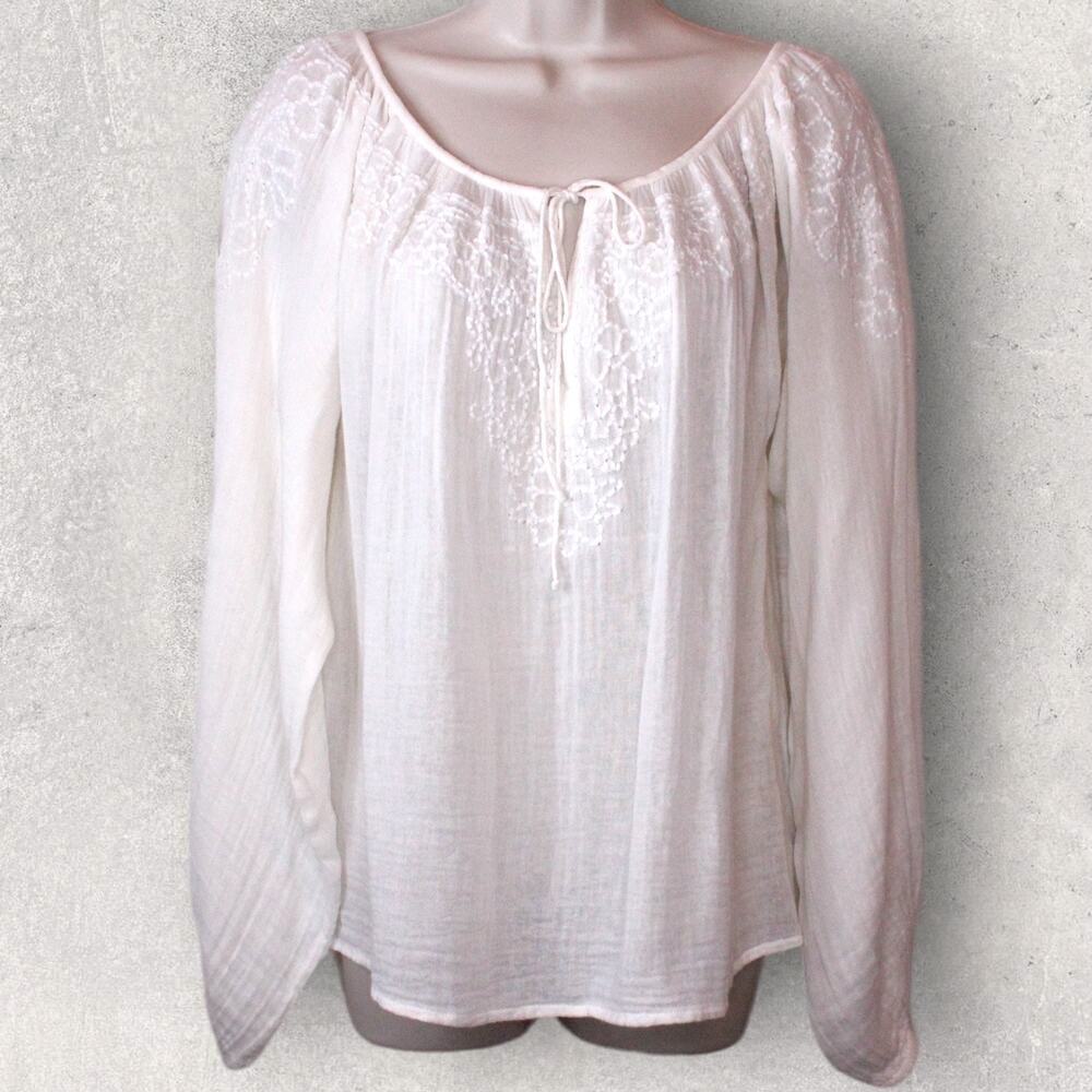 Mes Demoiselles Paris Embroidered Peasant Blouse in Ivory Cotton Boho Top Sz. 42